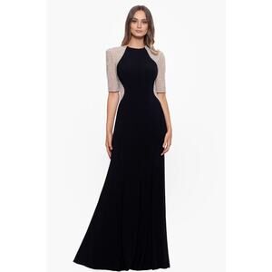 XSCAPE Women's Elis Long Jersey Knit Dress Size 8 Black Silver Illusion NWT